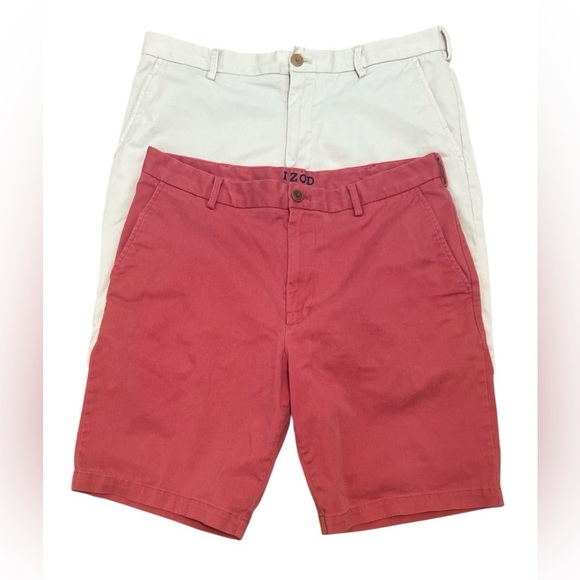 Izod Men's Coral and Cream Flat Front Shorts - Picture 1 of 7